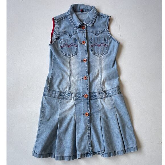 Vtg Y2K Denim Button Up Pleated Mini Dress QZYZ Sleeveless Size L - Picture 5 of 9